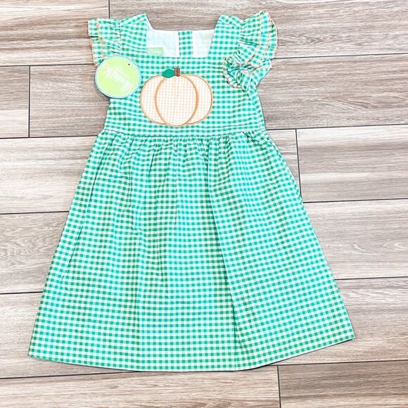 NWT! Classic Whimsy Pumpkin Appliqué Flutter Sleeve Green Gingham Dress Size 6 - Picture 1 of 4